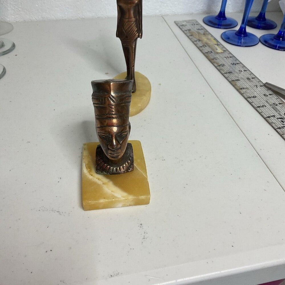 Vintage Cast Copper Egyptian Queen Nefertiti Bust Yellow Marble Base Paperweight